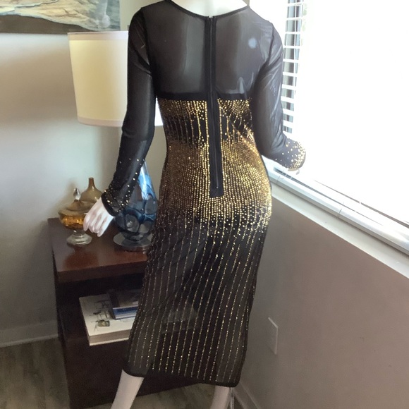 Sheer Gold-Beaded Long-Sleeve Midi Dress - Picture 6 of 10